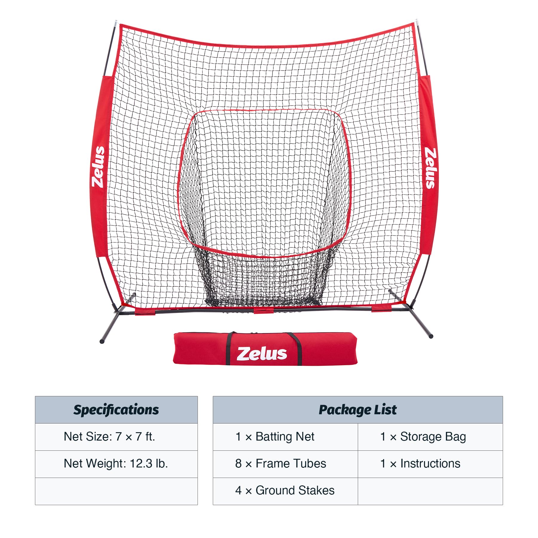 ZELUS Baseball Net 7 ft x7 ft, Softball Hitting & Pitching with Carry Bag, Ground Stakes, Portable Backstop & Bow Frame, Training Equipment for All Ages