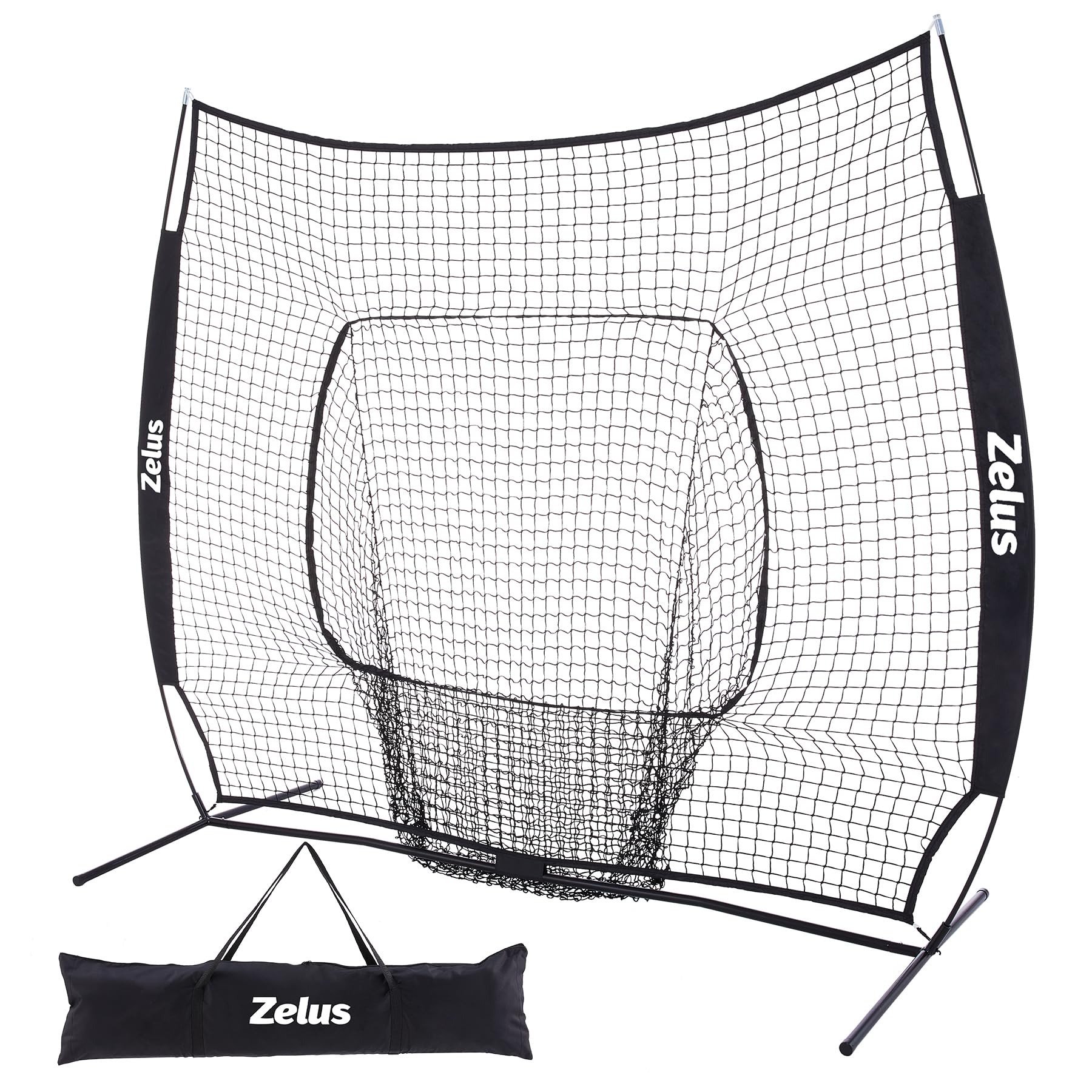 ZELUS Baseball Net 7 ft x7 ft, Softball Hitting & Pitching with Carry Bag, Ground Stakes, Portable Backstop & Bow Frame, Training Equipment for All Ages