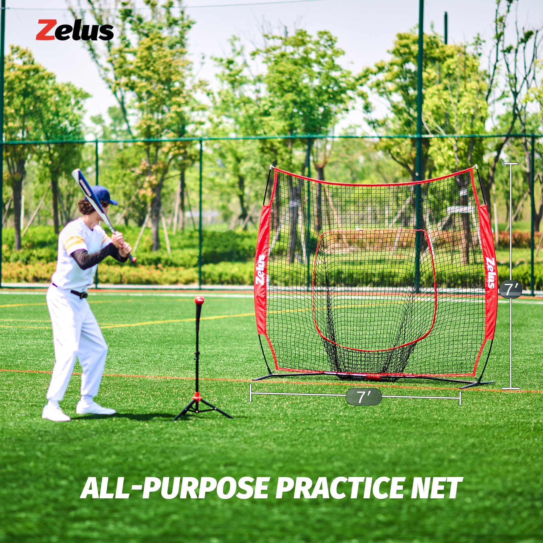 ZELUS Baseball Net 7 ft x7 ft, Softball Hitting & Pitching with Carry Bag, Ground Stakes, Portable Backstop & Bow Frame, Training Equipment for All Ages