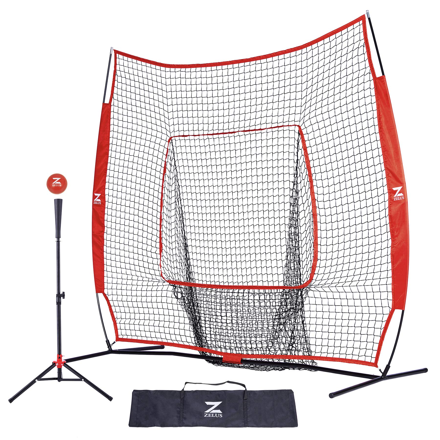 ZELUS Baseball Net 7 ft x7 ft, Softball Hitting & Pitching with Carry Bag, Ground Stakes, Portable Backstop & Bow Frame, Training Equipment for All Ages