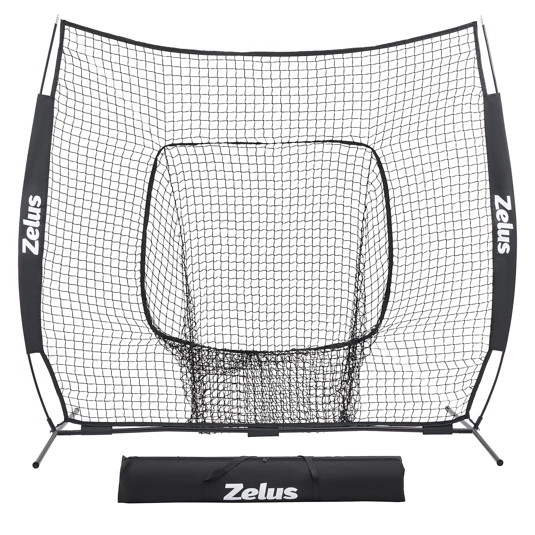 ZELUS Baseball Net 7 ft x7 ft, Softball Hitting & Pitching with Carry Bag, Ground Stakes, Portable Backstop & Bow Frame, Training Equipment for All Ages