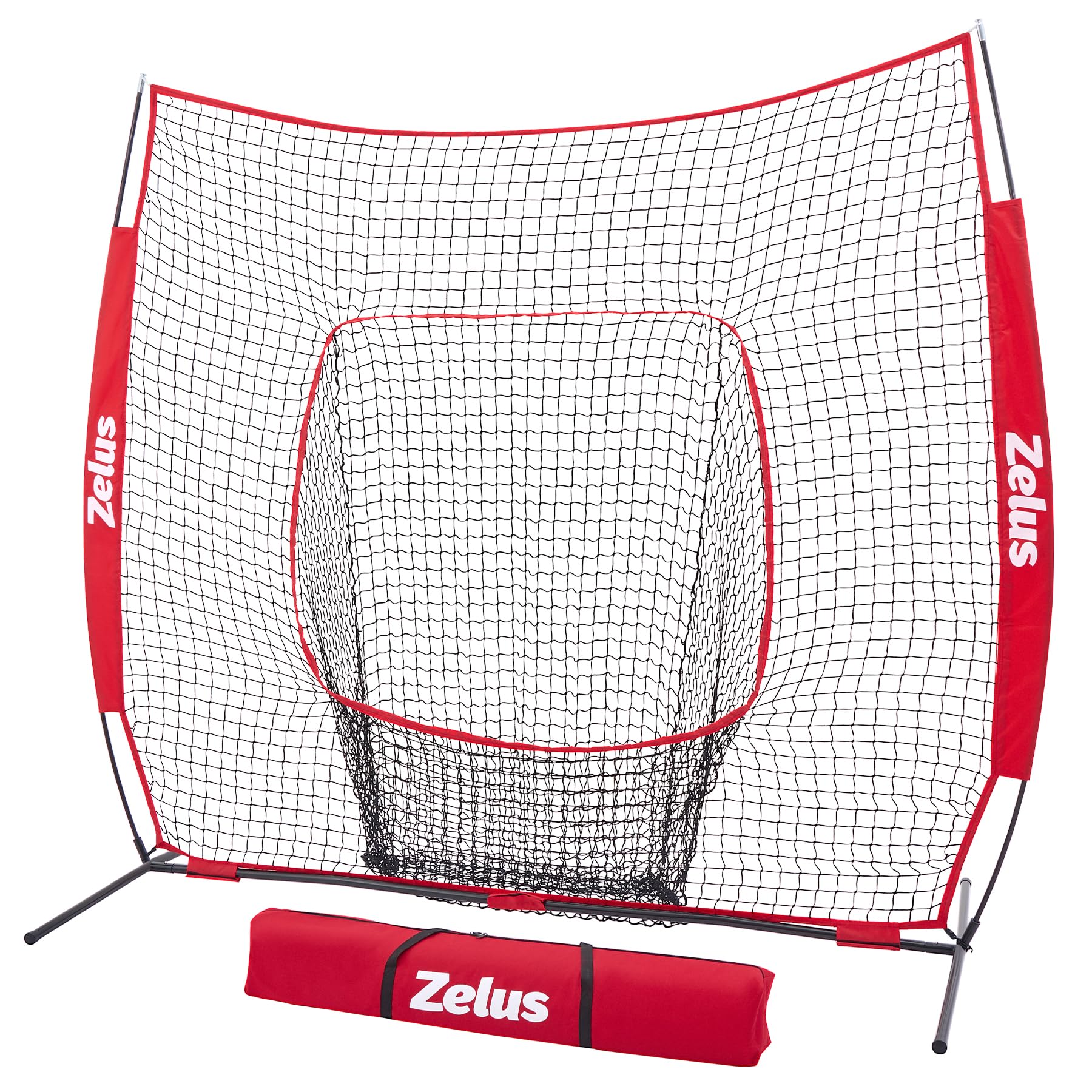 ZELUS Baseball Net 7 ft x7 ft, Softball Hitting & Pitching with Carry Bag, Ground Stakes, Portable Backstop & Bow Frame, Training Equipment for All Ages